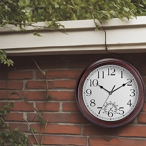 Image of KECYET 12 Inch Outdoor Wall Clock with Thermometers, Vintage Silent Wall Clocks Battery Operated, Retro Non-Ticking Clock Decorative for Living Room, Patio, Kitchen, Office, Bathroom, Bedroom(Bronze)