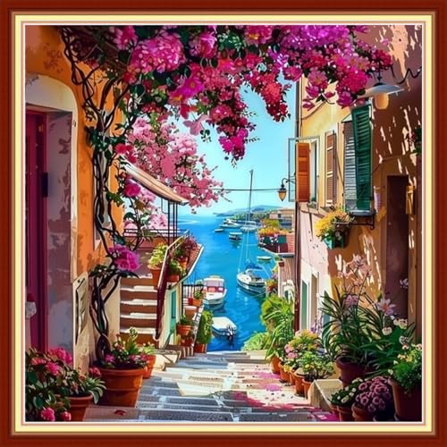 Image of Joyhoor Stamped Cross Stitch Kits for Beginners, Needlepoint Kits for Adults, 11CT Counted Embroidery Kits-Seaside Flower Street 18x18 inchs