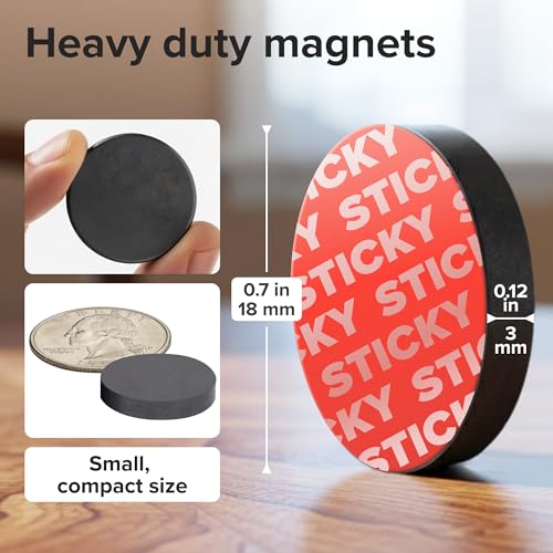 Image of Strong Ceramic Round Magnets with Adhesive Backing (0.7x0.12 /18x3mm, 50 pcs) - Heavy Duty Sticky Magnets, Non-Corrosive, Versatile for Home, Office, Workshop, Whiteboard, Fridge and Hobby Use