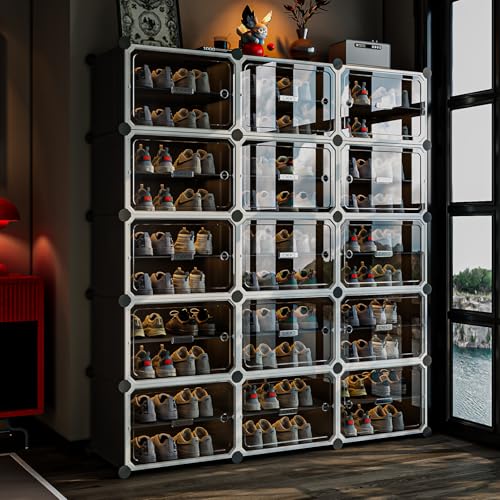 Image of MAGINELS 6-Tier Shoe Rack,Expandable Plastic Shoe Cabinet. Shoe Storage with Door,Entryway, Closets, Hallway, and Bedroom.Accommodates Up to 24 Pairs of Shoes.Grey (3 by 10-(60 Pairs))