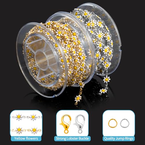 2M White Daisy Flower Link Chain – Enamel Metal Chain with 20 Lobster Clasps & 50 Jump Rings – DIY Bracelet,Necklace,decorating belts, handbags(Gold/Silver)2