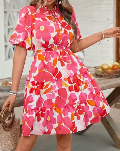 Image of BTFBM Women Summer Floral Short Dresses V Neck Short Sleeve Tiered Ruffle Boho Swing Dress A-Line Mini Dresses