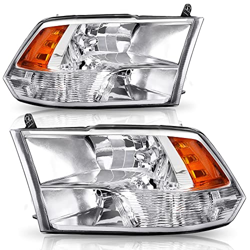 oEdRo Headlights Assembly Compatible with 2009-2018 Dodge Ram 1500/2010-2018 Dodge Ram 2500 3500/2019-2022 Ram 1500 Classic Headlamp Chrome Housing Clear Lens Amber Reflector