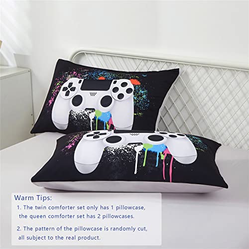 Kakki 5 Piece Boys Full/Queen Gamer Comforter Set With Sheets, 3D Colorful Video Game Controller Comforter For Kids Teen, All Season Soft Microfiber Gaming Bedding Set(White,Queen) #TOP5