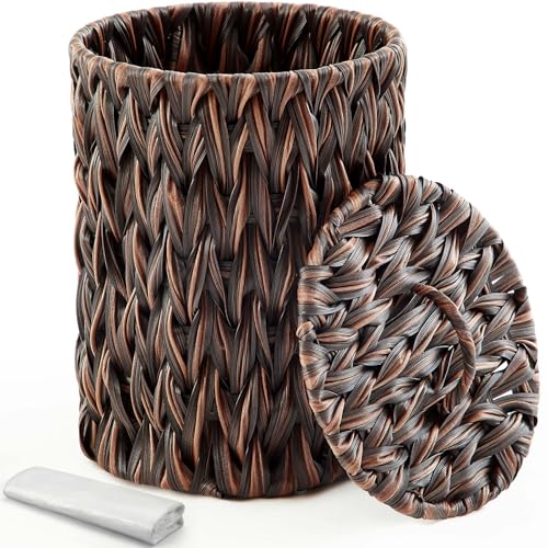 Image of Ctosree 1.3 Gallons Small Trash Can with Lid Handle Boho Woven Braided Bathroom Waste Basket Trash Can with 100 Garbage Bags for Bedroom Office Laundry(Braided Polypropylene, Dark Brown)