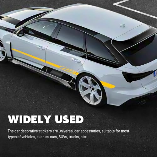 Image of 2PCS Car Side Skirt Decals, Auto Body Large Stickers, Waterproof PVC Racing Long Stripes Personalized Stickers, Car Stripe Stickers Decor Racing Accessories for Cars Trucks SUVs (Yellow)