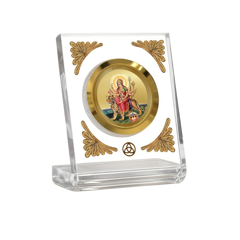 Image of DIVINITI 24K Gold Plated Goddess Durga with Pind Acrylic Frame for Car Dashboard, Home Temple & Office Table | Premium Spiritual Gift, Blessings for Protection & Positivity, 8x7 cm