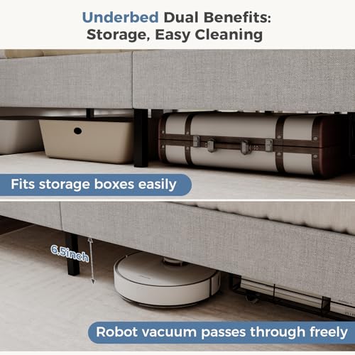 Image of Queen Size Storage Bed Frame, Square Tufted Headboard, Platform Bed with 2 Underbed Drawers at Foot, Wooden Slats Support, No Box Spring Needed, Light Gray