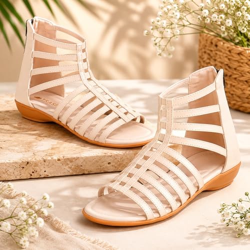 Image of TRASE Flats Gladiator With Zip Closure For Women Sandals| Gladiator High-Tops Sandals For Women | Stylish & Comfortable | College, Office, Shopping, Outdoor & Beach Wear