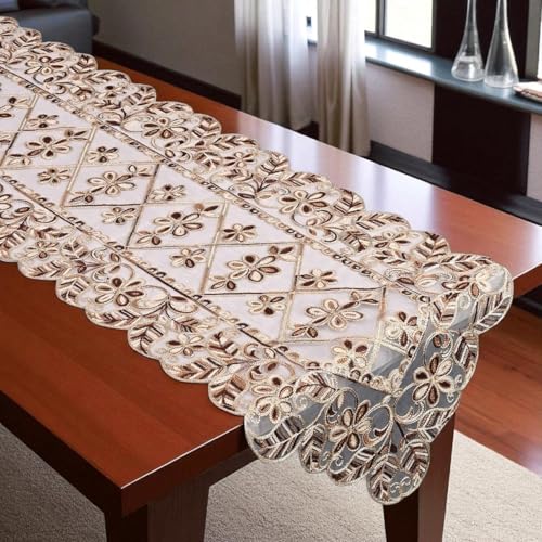 Image of Floral Embroidered Polyester Organza Premium Dining Table Runner (16x72 inches) for 6-Seater - Gold Brown