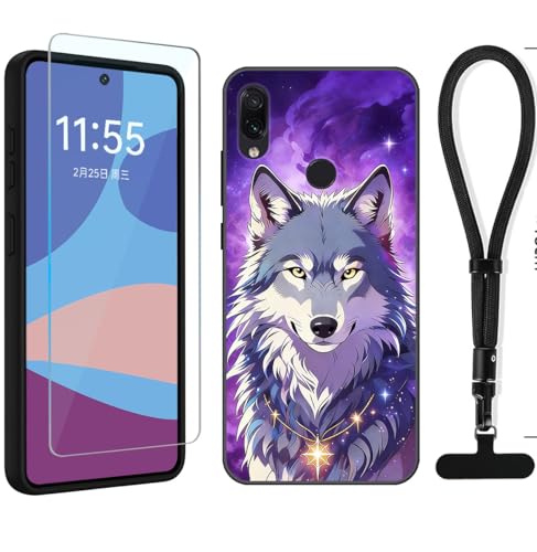 YonderYM Funda Compatible con Xiaomi Redmi Note 7/Note 7 Pro, con 1 Piezas Cristal Templado & Cuerda Colgar Antigolpes,Anti-Arañazos Case Lobo