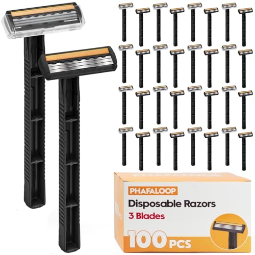 Phafaloop 3-Blade Disposable Razors for Men & Women 100 Pack Bulk Stainless Steel Shavers with Lubricating Strip & Safety Cap Non-Slip Handle for Sensitive Skin Travel Hotel Charity (Black)