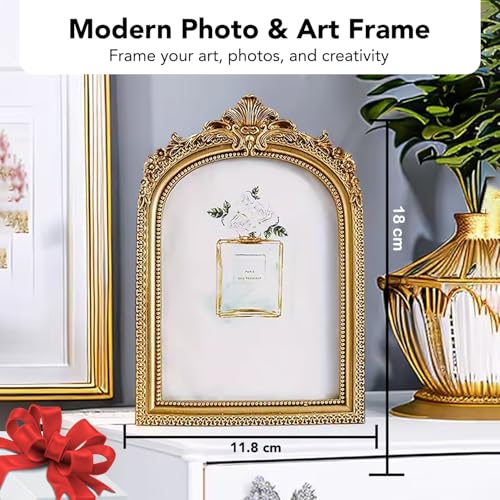 Image of Ekhasa Nostrae Golden Vintage Resin Photo Frame with Glass | 4.7 x 3.5 Inch Baroque Style Ornate Tabletop Picture Frame | Elegant Antique Decorative Frame for Desk, Bedroom & Gift Decor