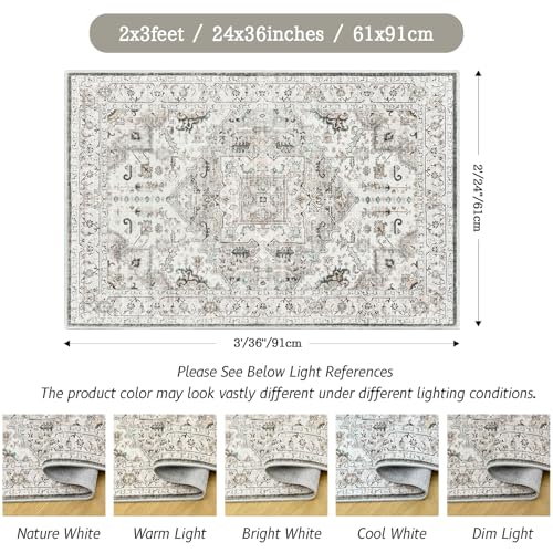 Madane Washable Area Rug 2x3, Small Entryway Rug Non-Slip Vintage Door Mat Indoor Entrance, Low Pile Floor Carpet for Inside Front Door Bedroom Kitchen Entry Laundry (2'x3', Ivory/Brown)