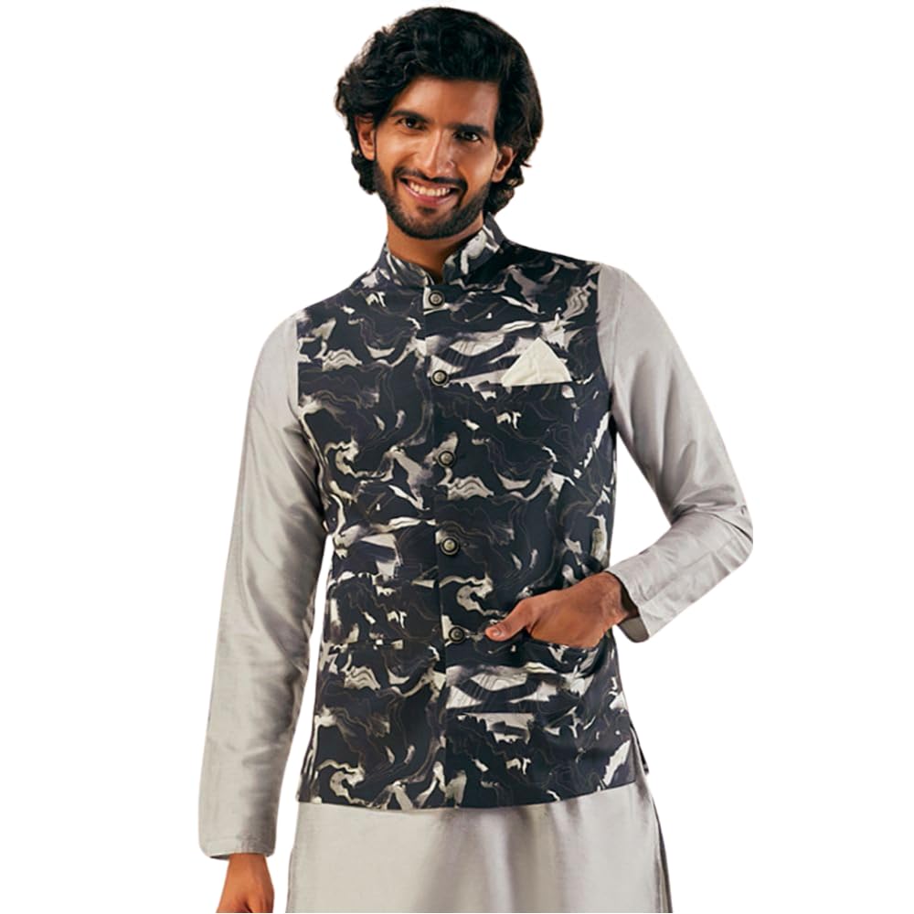 kisah Men's Nehru Jacket, Black Cotton Blend, Printed Mandarin Collar Regular Fit Sleeveless (S)-picture-32