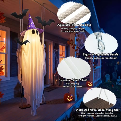 5' Sehloran Hanging Swinging Halloween Ghost w/ Bats & Witch Hat - image 4