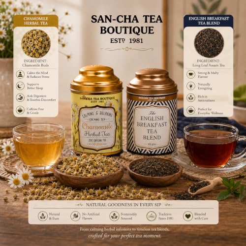 Image of Sancha Tea Boutique, Tea Combo Pack, Chamomile Flowers, Caffeine Free Herbal, 50g & Assam English Breakfast Teas 100g, Loose Leaves