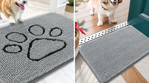 Image of OLANLY Solid Color Chenille Dog Door Mat and Paw Print Dog Doormat, Solid Color mat Size 24x16 in Grey，Paw Print mat Size 30x20 in Grey, 2 Item Bundle