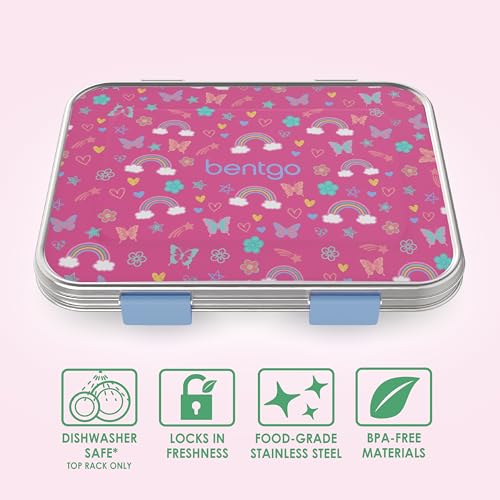 Bentgo Kids Stainless Steel Prints Leak-Resistant Lunch Box - 3-Compartments with Silicone Container, Durable, Eco-Friendly, Dishwasher Safe, BPA-Free, for School, Ages 3+ (Rainbows & Butterflies) by Bentgo - Image 3