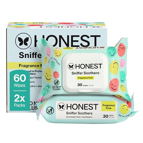 Image of The Honest Company Plant-Based Snot Removing Wipes, Soothing Nose with Aloe, Hypoallergenic for Sensitive Skin, EWG Verified Fragrance-Free, 60 Count