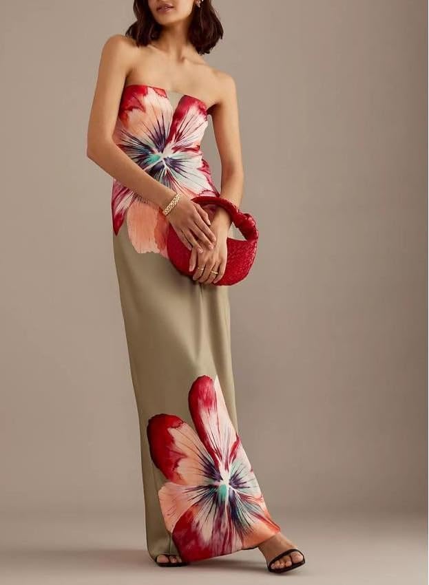 Image of Women Y2k Strapless Maxi Dress Floral Print Tube Long Dress Boho Beach Sundress Going Out Streetwear