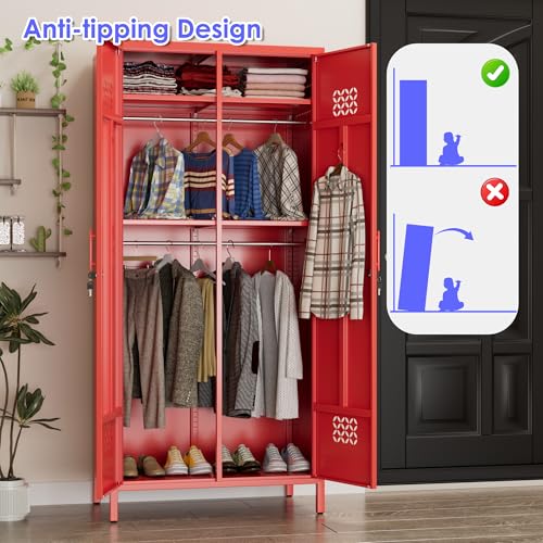 Image of Aobabo Metal Wardrobe Closet with 2 Doors, Metal Wardrobe Cabinet with 4 Adjustable Shelves and 2 Hannging Rods, Storage Locker for Home, Red, Assembly Required