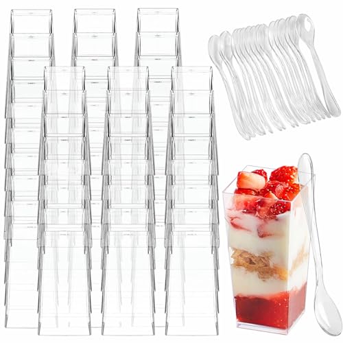 Zezzxu 100 x 3 oz Mini Dessert Cups with Spoons Shooter - Clear Plastic Small Parfait Cups Reusable Shot Glasses for Tasting Party Desserts & Appetizers Shrimp Cocktail Cups