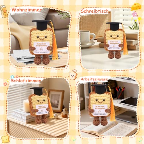 Mwmoeen Lustige Toast Abschluss Geschenk für Freund, Gestrickte Toast mit Graduierung Hut, Glücksbringer Prüfung, Pocket Hug Positive Geschenke, Prüfung Bestanden