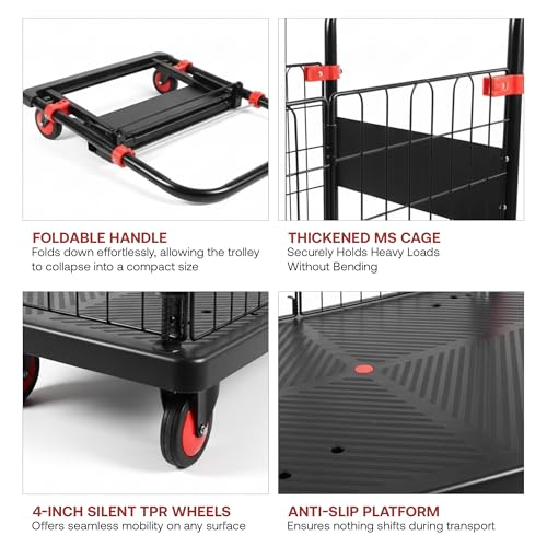 Image of BonKaso 150Kg Foldable Platform Trolley with Basket Cage | Portable Heavy-Duty Plastic Hand Truck with 360 Rotating Wheels Cart for Office, Warehouse & Outdoor (72.5x48.5x98.5cm) Black