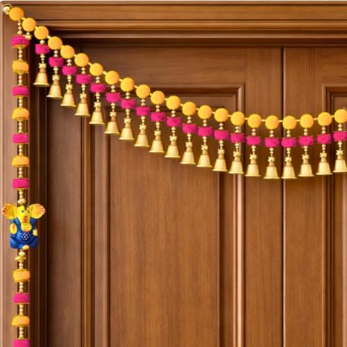 Image of Handmade Multicolor Pom Pom Bandhanwar Set for Main Door with Ganesha Door Hangings | Bright Traditional Toran with Bells for Mandir, Pooja Room, Diwali, Wedding & New Home Decor (39 Inch)