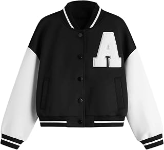 Girl's Letter Print Varsity Jacket Long Sleeve Color Block Baseball Bomber Jacket Coat
