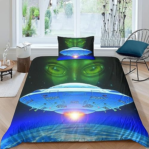 LOOACG UFO-Karikatur 2-Piece Duvet Cover,Soft and Comfortable,Mikrofaser Hypoallergener Wrinkle-Free,Set of Pillowcase with Zip Für Kinder Teenager Erwachsene Weltraummann Bedding Single（135x200cm）