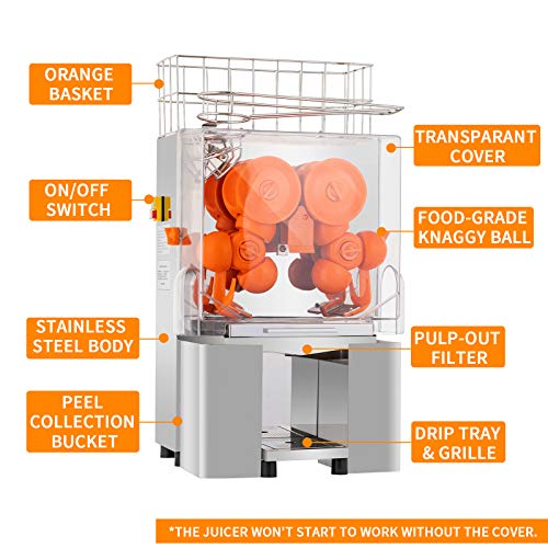 Commercial Orange Juicer Machine 110V/120V Automatic Citrus Juicer Electric Juice Squeezer Lemonade Making Machine Heavy Duty #304 Stainless Steel with Bins, 25-30 oranges per minute
