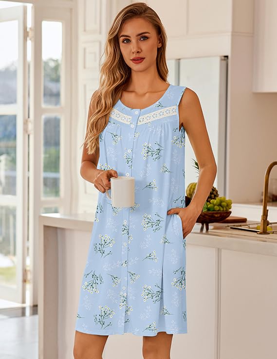 Image of Ekouaer Nightgowns for Women Sleeveless House Dress Button Sleep Dress