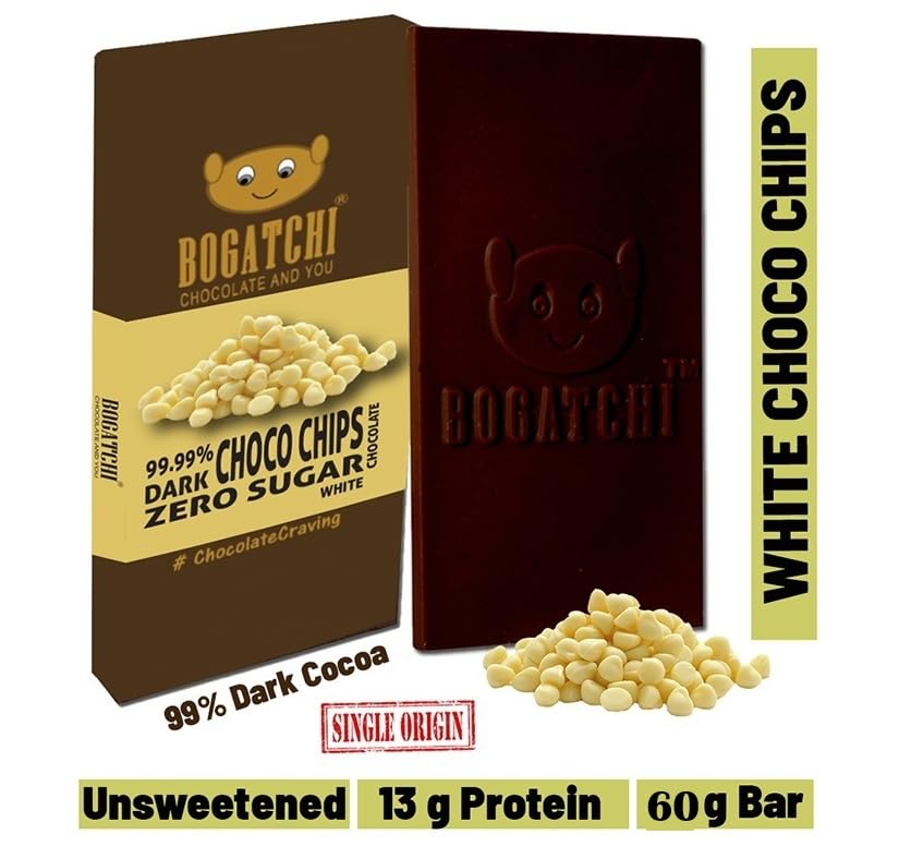 Image of BOGATCHI 99% Dark Chocolate| White CHOCOCHIPS| Real Cocoa Intense Dark Chocolate, 60 gm