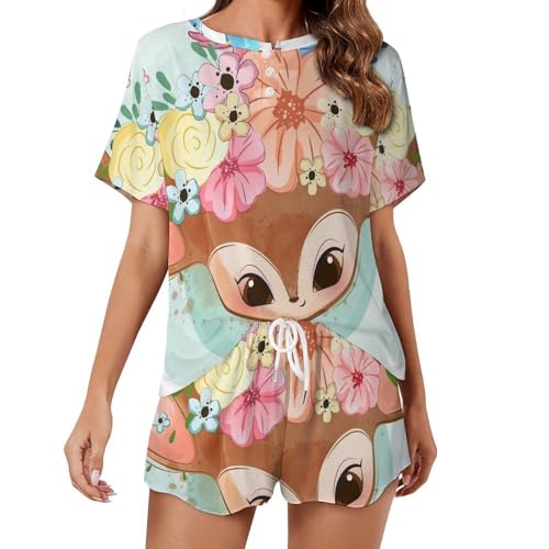 Pyjama femme manches courtes oiseau cerf mignon avec short fluide et léger