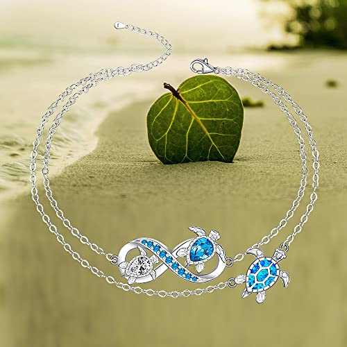Image of Fenthring Turtle Anklet S925 Sterling Silver Blue Opal Sea Turtle Ankle Bracelets for Women Infinity Wave Ocean Beach Summer Foot Bracelet Jewelry Layered Adjustable