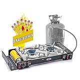 Rsonic Hornillo de gas de camping con 2 focos para cartuchos de gas y botellas de gas con adaptador, hornillo doble para balcón, jardín, vacaciones de camping (hornillo de gas doble con 8 búsquedas de