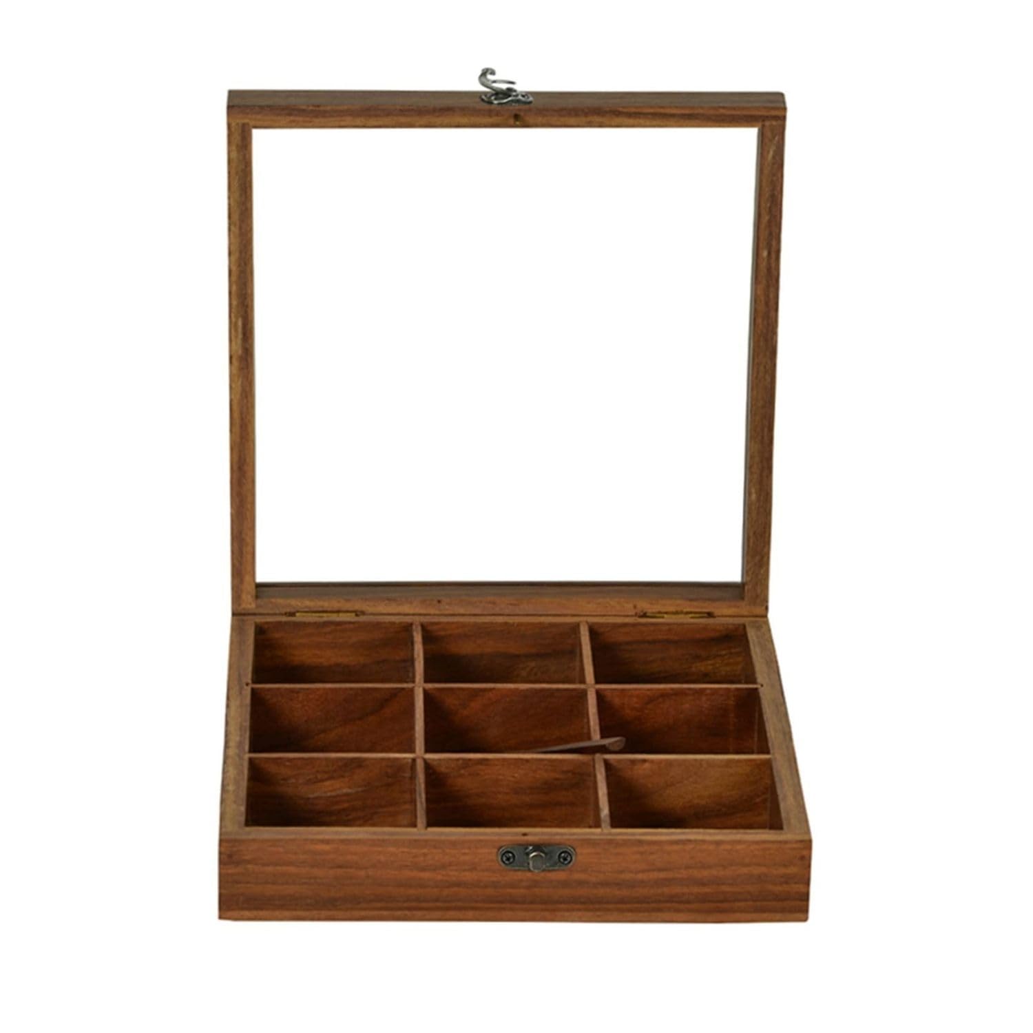 SuperGeneriX Wooden Spicebox with 9 Containers | Compact & Sustainable Masala Box with Spoon & Glass Lid for Kitchen | Rustic Wooden Spice Storage for Herbs & Spices (7.5