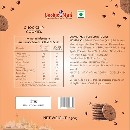 Image of CookieMan Choco Chip Cookies - 150g | Biscuits made with Premium Chocolate Chips for a Rich, Intense Flavor | Perfect Snack Jar for Home, Office or Travel