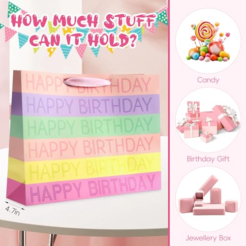 Image of JMANNI Large Happy Birthday Gift Bag with Tissue Papers and Greeting Card, Portable Paper Gift Bags with Handles, Present Bags for Women Girls Birthday Party Supplies 13 inch x 10.2 inch x 4.7 inch(Colorful)