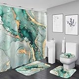 Nkzply グリーン大理石シャワーカーテンセット ティールモダン抽象バスルームセット シャワーカーテンとラグ付き ゴールドファブリックシャワーカーテン バスルーム装飾アクセサリー バスラグ トイレ蓋カバーフック