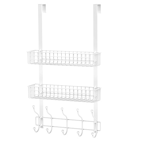 MILIJIA Coat Rack, Over the Door Hanger with Mesh Basket, Detachable Storage Shelf for Towels, Hats, Handbags, Coats (White-2 Baskets) - 3-Tier - White