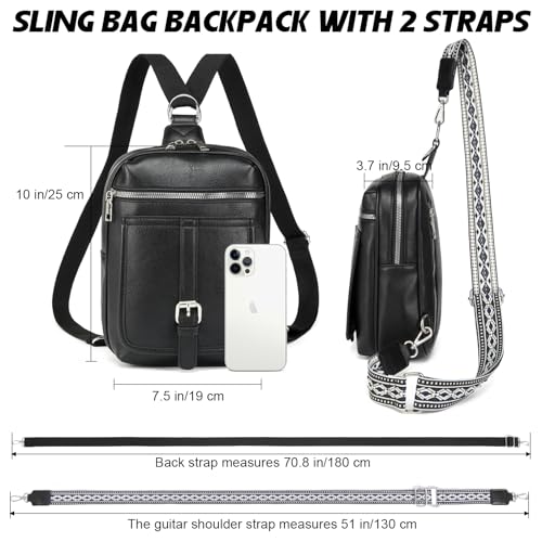 Sling Bag Crossbody Backpack - 2 in 1 Leather Cross Body Bag Fanny Pack with 2 Removable Straps3