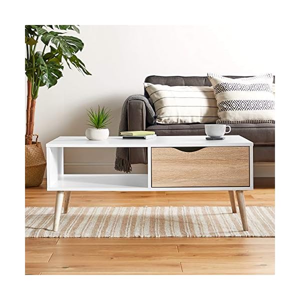 VonHaus White Coffee Table with Storage - Coffee Tables for Living Room with Light Oak Effect, Shelf & Soft Close Drawer, Modern Scandi Furniture, 99x60x43cm - Image 3