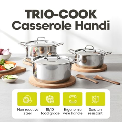 Image of Trio-Cook Triply Stainless Steel Saucepot Combo | 20cm (3.5L), 24cm (5.5L) and 28cm (8L) Pots with Steel Lids | Induction and Gas Compatible | Rust-Resistant Cookware Set