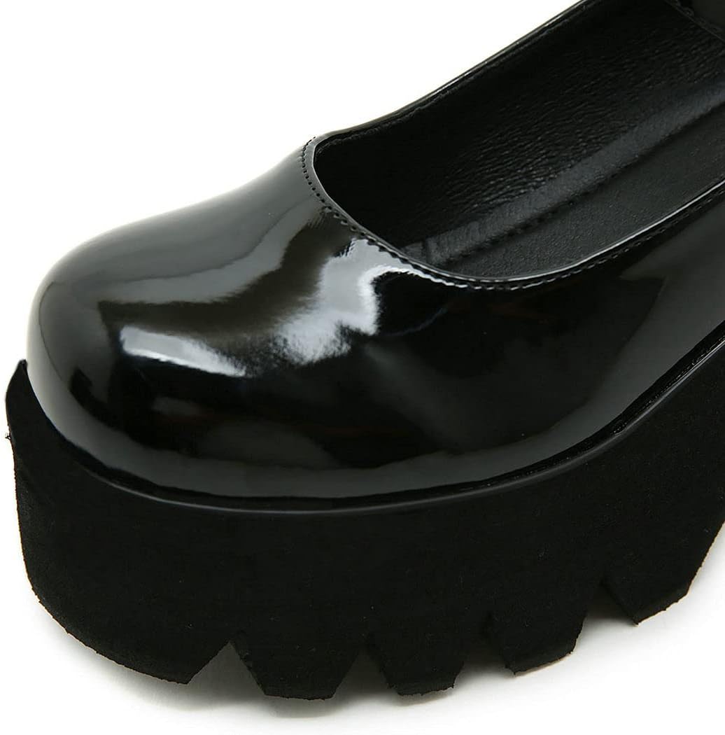 KIKIVIVI Womens Platform Mary Jane Patent Leather Crisscross Strap Chunky High Heel Pumps