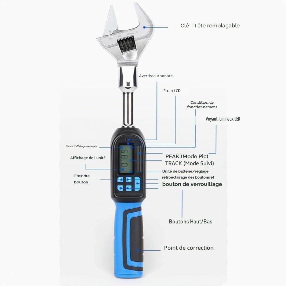 Clé dynamométrique numérique Filteilect 6,8-135Nm avec tête de cliquet remplaçable, réglable pour usage automobile et industriel, Bleue, 350 mm