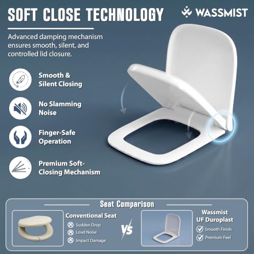 Image of WASSMIST Toilet Seat Cover Set | Premium UF QQ Hinged Toilet Seat Cover with One Touch Quick Release | Soft Close Anti-Bacterial Commode Seat Cover