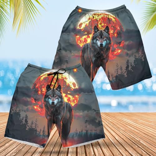 Wolf Lovers Men's Swim Trunks - Mighty Wolf Hawaiian Shorts for Men, Men's Summer Bathing Shorts Set 413